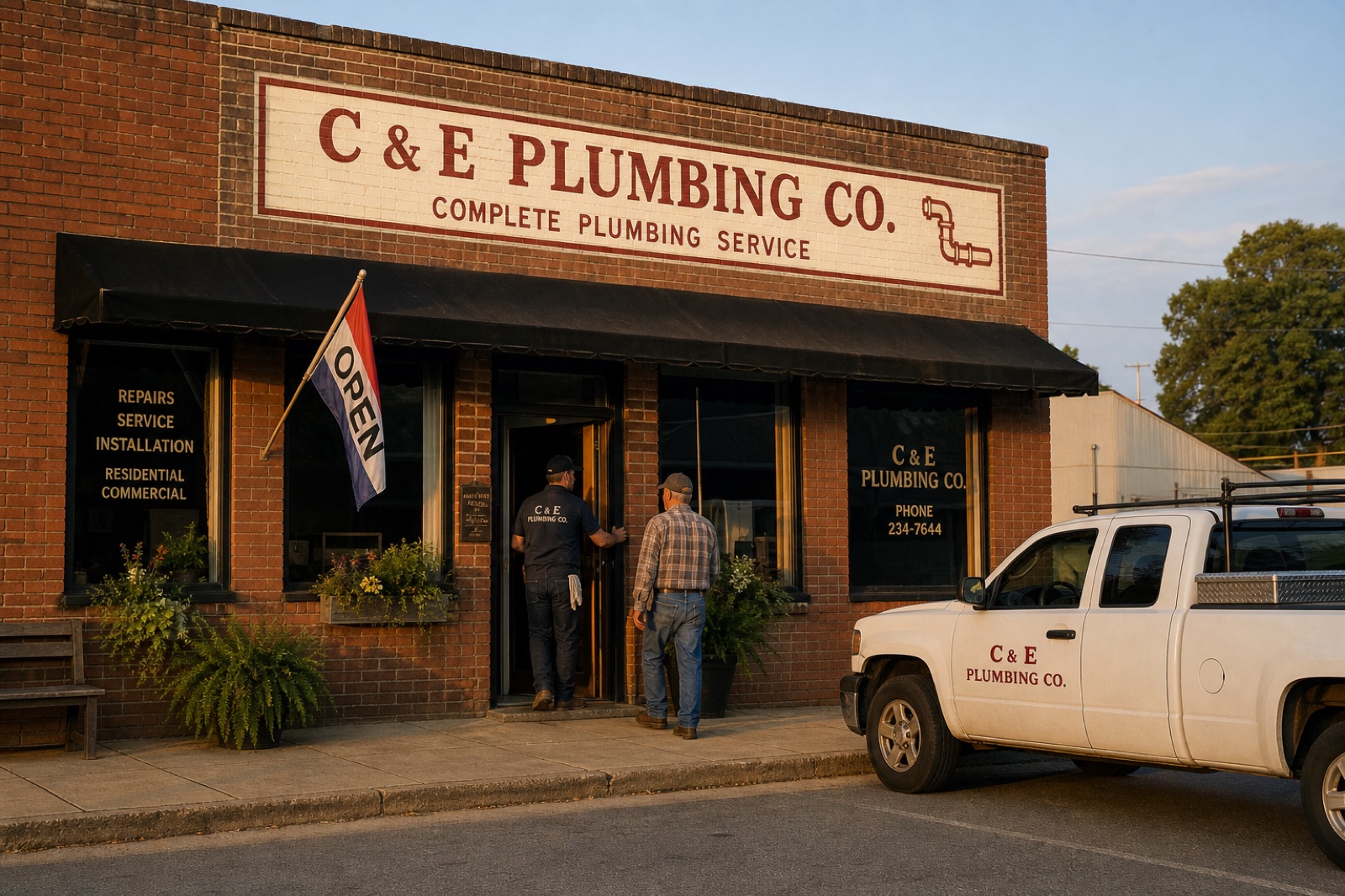 The same storefront restored, freshly painted signage, an OPEN flag, a uniformed worker greeting a customer at the door, company truck parked out front.
