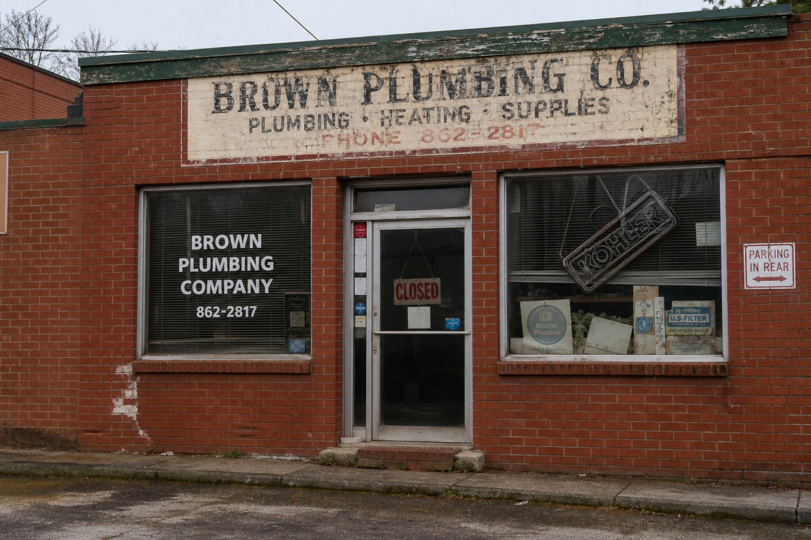 A neglected piedmont-NC plumbing storefront on an overcast morning, faded signage, dusty windows, CLOSED sign in the door.