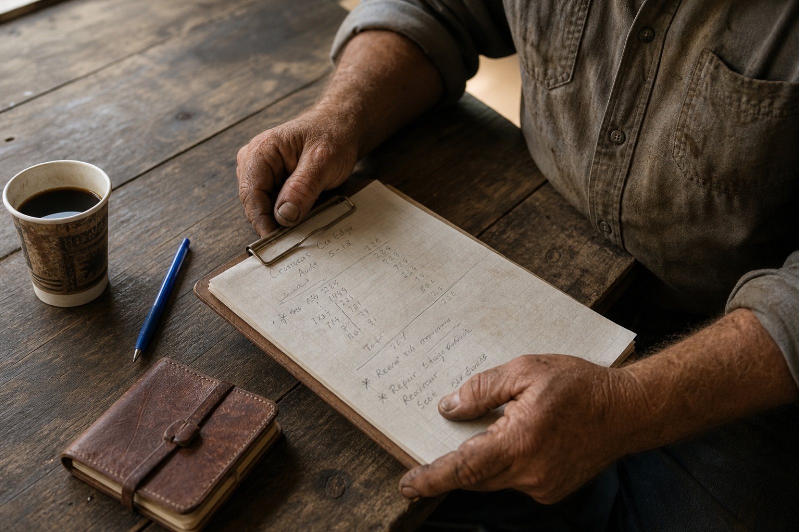 Weathered hands holding a clipboard with handwritten audit notes at a wooden table, with a leather notebook and a paper coffee cup.