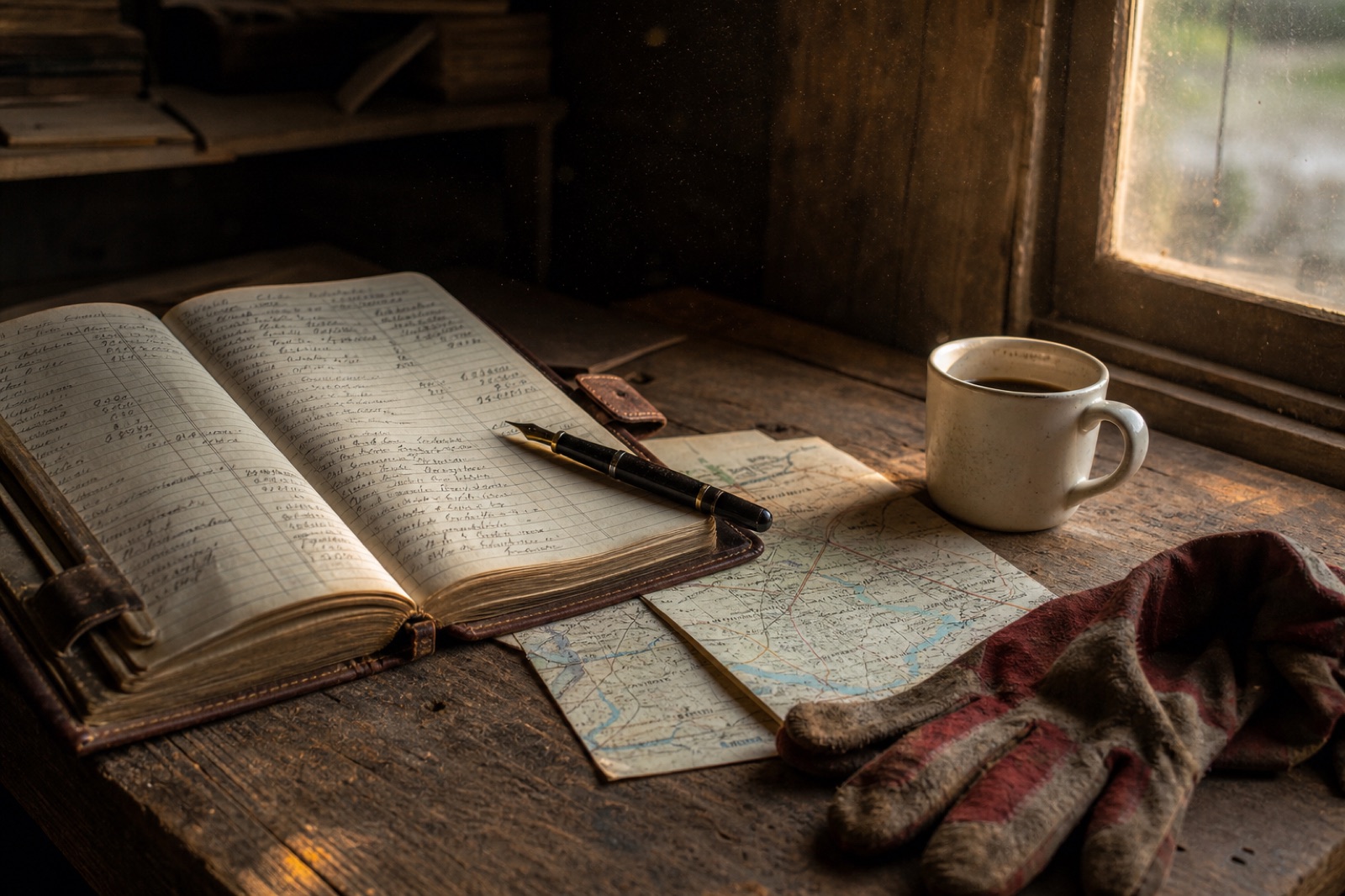 An open leather ledger with handwritten entries on a wooden farm table near a window, with a fountain pen, a folded paper map of Davie County, a ceramic coffee mug, and a weathered work-glove at the edge.