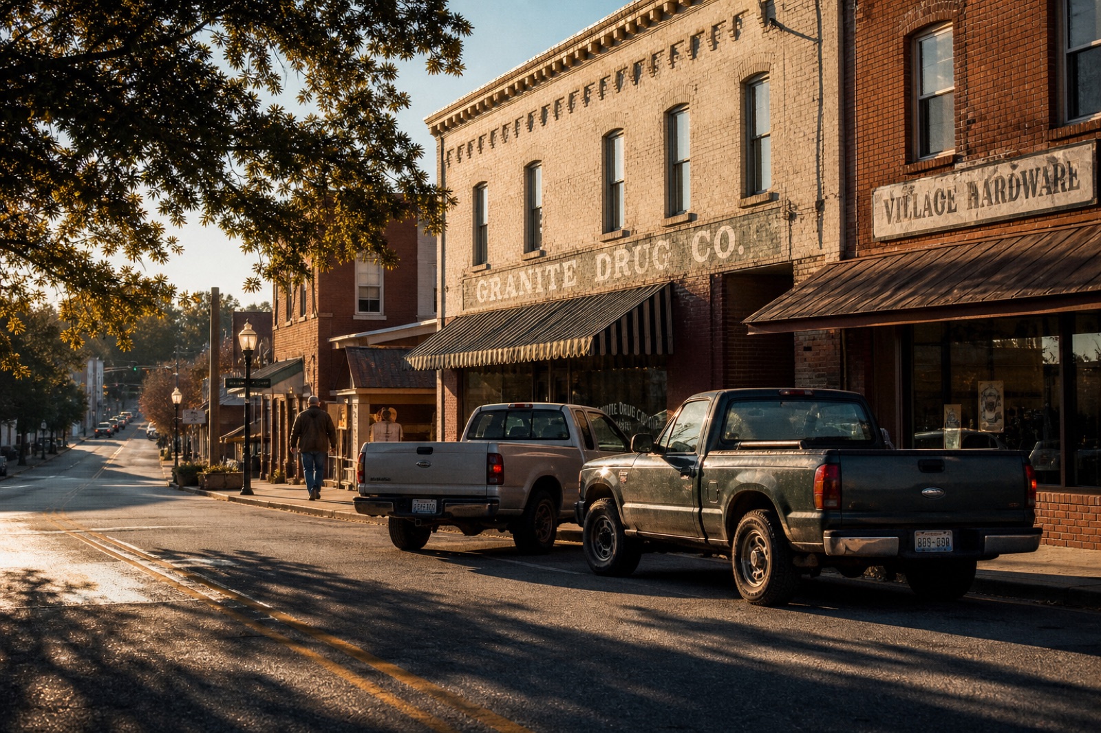 Davie County, NC main street at golden hour, with pickup trucks parked at painted-brick storefronts.